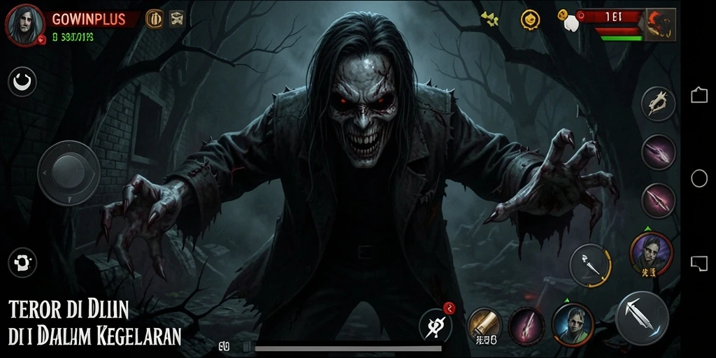 Tangkapan layar gameplay GOWINPLUS dengan suasana mencekam yang intens.