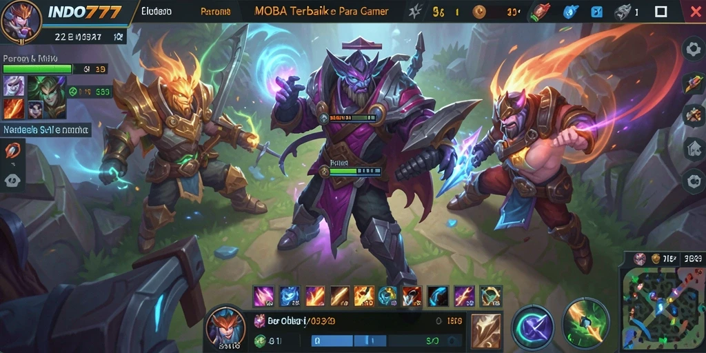 Tampilan gameplay MOBA yang mendebarkan dan penuh aksi.