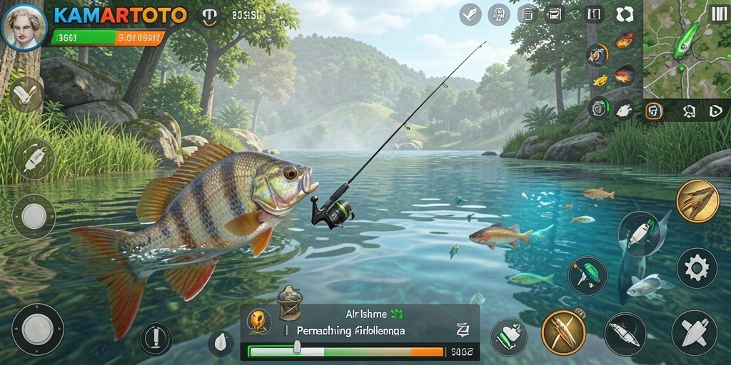 Gameplay seru KAMARTOTO dengan pengaturan memancing yang indah.